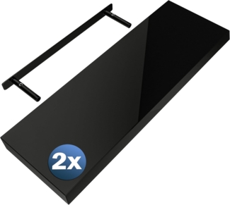 Casaria Wandregal mit Halterung, 2 Stück, MDF, Schwarz / Hochglanz, 70 x 23 x 3,8cm