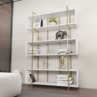 Elegant White & Gold Bookshelf, 120 x 180 x 29.6 cm | 100% Melamine Coated Particle Board, 18 mm Thick | Stylish Storage for Modern Home & Office