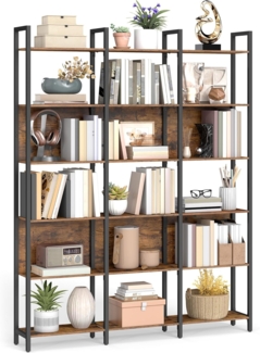 VASAGLE Bücherregal, Küchenregal, Standregal mit 6 offenen Regalebenen, Flur, Küche, Büro, stabiles Stahlgestell, Industrie-Design, 24 x 128 x 187,1 cm, vintagebraun-tintenschwarz