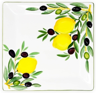 Lashuma Servierplatte Zitrone Olive, Keramik, (1-tlg, 27 x 27 cm), Quadratischer Obstteller mit Zitronen Oliven Design