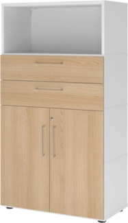 bümö flexi Aktenschrank abschließbar mit Flügeltüren & 2 Schubladen in Weiß/Eiche, Büroschrank mit werkzeuglosem Schnellmontage-Klicksysten in modularer Bauweise, FW48K2KG-W-E-BS