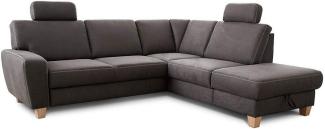 Cavadore Ecksofa Wisconsin mit Vorziehsitz / Eckcouch mit Federkern in Lederoptik / Inkl. 2 Kopfstützen + Bettkasten / Landhausstil / Holzfüße in Buche / Mikrofaser / 248 x 88 x 218 cm / Dunkelgrau