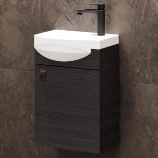 Planetmöbel Waschtischunterschrank 40 cm in Anthrazit mit Waschbecken & Armatur in Schwarz matt, Badezimmmer Möbel für Gäste WC
