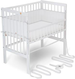 FabiMax Baby Beistellbett für Boxspringbett, TÜV geprüft 2022, inkl. Matratze und Nestchen aus Netzstoff, Buche massiv weiß, Comfort/weiß mit Punkteband