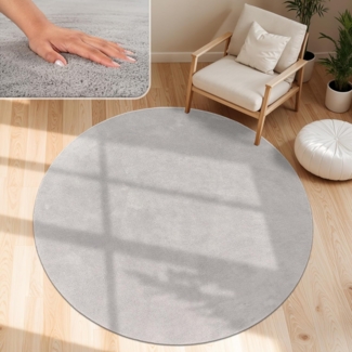 Paco Home Waschbarer Teppich Wohnzimmer Schlafzimmer Kurzflor rutschfest Flauschig Weich Moderne Einfarbige Muster, Grösse:120 cm Rund, Farbe:Grau