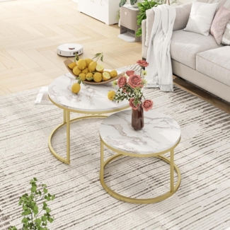 Marmor Couchtisch Gold, Couchtisch 2er Set mit 1 Großer Couchtisch Rund und 1 Kleiner Tisch, Beistelltisch Weiss aus Metallgestell Wohnzimmertisch Modern