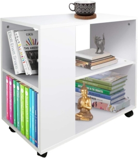 BAKAJI Niedriges Bücherregal mit 5 Ablagen mit Rollen aus Melaminholz, Seitentisch, modernes Design für Wohnzimmer, Wohnzimmer, Haus oder Büro (weiß)