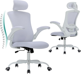 COLAMY Bürostuhl Ergonomisch, Netz-Schreibtischstuhl mit Verstellbarer Kopfstütze, Chefsessel Office Chair mit Lendenwirbelstütze, Verstellbarer Neigungsverschluss Drehstuhl, Weiß