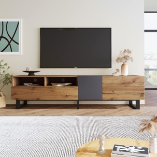 Ball & Cast TV Schrank (180×38×50cm) mit 2 Aufbewahrungsfächer und 2 Schubladen, Fernseher Tisch mit Holzmaserung, Bequeme Montage, Schwarz+Grau