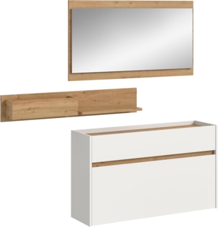 xonox. home – 3 teilige Garderobenkombination Drive 140 x 192 x 32 cm in Weiß und Artisan Oak Nachbildung – Set mit Spiegel, Regal & Schuhkommode – Moderne Garderobe für Diele & Eingangsbereich