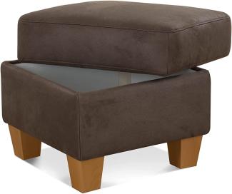 Cavadore Hocker Ammerland / Stauraumhocker mit Holzfüßen, als Fußhocker oder Beistellhocker / 58 x 48 x 58 / Wildlederoptik, Braun