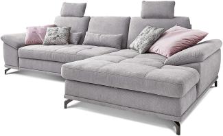 Cavadore Ecksofa Castiel mit Federkern / Großes Sofa in L-Form mit Sitztiefenverstellung, Kopfstützen und XL-Longchair / 312 x 114 x 173 / Webstoff, Hellgrau