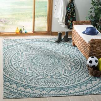 SAFAVIEH Zeitgenössische Teppich für Wohnzimmer, Esszimmer, Schlafzimmer - Courtyard Collection, Kurzer Flor, Hellgrau und Blaugrün, 160 X 231 cm