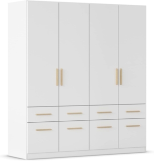 Rauch Möbel Dundee, Kleiderschrank, Schrank, Garderobe, Organizer, 4-türig, 8 Schubladen, Farbe Weiß, Holzgriff Eiche Massiv, 181 x 197 x 54 cm