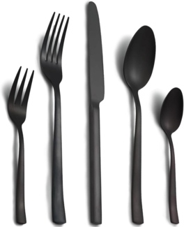 BEWOS Besteckset für 6 Personen, 30-teiliges Besteckset aus Edelstahl, mattschwarzes Besteckset mit Messern, Gabeln und Löffeln, hochglanzpoliert und spülmaschinenfest