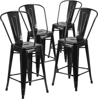 Flash Furniture Lily Hocker in handelsüblicher Qualität, 61 cm hoch, Metall, für drinnen und draußen, mit Abnehmbarer Rückenlehne, Schwarz, 4 Stück