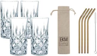 Spiegelau & Nachtmann, 4-teiliges Longdrink-Set, Kristallglas, 375 ml, Noblesse, 0089208-0 + 4er Set EKM Living Edelstahl Strohhalme kupfer gebogen