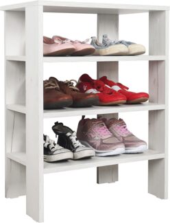 RICOO Schuhregal schmal und hoch 70 x 55 x 32 cm Standregal Pressholz Eiche Weiß WM039-EP, Schuhständer mit 3 Ebenen, Schuhschrank offen, Schuhablagen Flur Shoe Rack, Schuhablage klein, Schuhregale