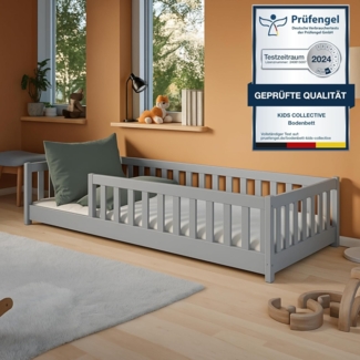 Kids Collective Kinderbett Bodenbett Bett mit Rausfallschutz & Lattenrost Montessori Bett Kinder (weitere Größen 80x160, 90x190, 90x200, 120x200, 140x200 cm), Jugendbett Einzelbett mit Matratze Aschgrau Kiefer 80x180 cm