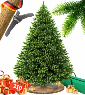 KESSER® Weihnachtsbaum künstlich – wie echt – naturgetreuer Tannenbaum mit Holzständer + Tasche, dichte Zweige, kein Nadeln, realistischer Pine Tree, Christbaum, Dunkelgrün 210 cm, Ohne LED