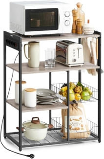 VASAGLE Küchenregal mit Steckdosen, Standregal mit 2 Metallkörben, Bäckerregal mit Haken und Regalablagen, Mikrowellenregal, 35 x 80 x 93,5 cm, Industrie-Design, greige meliert-tintenschwarz
