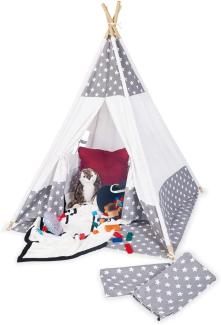 Pinolino 'Jakara' Tipi mit Fenster, Bodenmatte & Aufbewahrungsbeutel, Baumwolle / Polyester grau / weiß, 120 x 120 x 155 cm