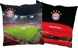 BERONAGE Dekokissen FC Bayern München Kissen Allianz Arena 40x40 cm Fußball-Kuschelkissen, passend zur Bettwäsche, ideal für Sofa, Couch, Bett, Auto, Camping