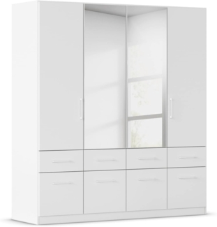 Rauch Möbel Dundee, Kleiderschrank, Schrank, Garderobe, Organizer, 4-türig, mit Spiegel, 8 Schubladen für mehr Stauraum, Farbe Weiß, Stangengriff Weiß, 181 x 197 x 54 cm