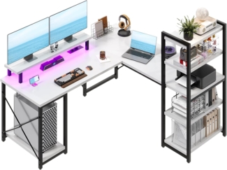 Devoko Gaming Tisch Schreibtisch l Form mit LED, Schreibtisch mit Regal, Bürotisch mit USB-Ladeanschluss & Steckdose, Eckschreibtisch mit Monitorständer 140×140cm (Weiß)