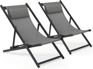 Mondeer Sonnenliege 2er Set, klappbarer Liegestuhl mit Kopfstütze und Verstellbarer Rückenlehne für Garten Pool Terrasse, Belastbarkeit 130kg, W104 x D58 x H95cm, Dunkelgrau