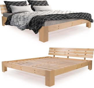 SANZARO Holzbett 140x200 cm - Massivholz Bett Kiefer Doppelbett Balkenbett Bettgestell Bettrahmen Lattenrost, Natur