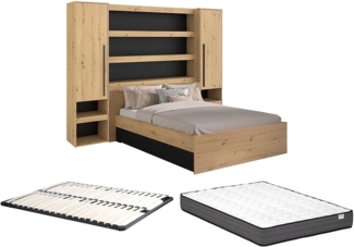 Vente-unique - Bett mit Stauraum & LEDs - 160 x 200 cm + Lattenrost + Matratze - Holzfarben & Schwarz - VARLY