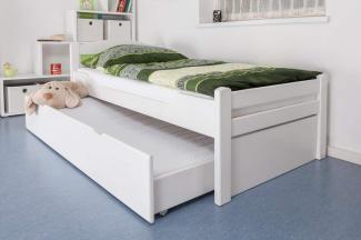 Einzelbett/GästebettEasy Premium Line K1/2h inkl. 2. Liegeplatz und 2 Abdeckblenden, 90 x 200 cm Buche Vollholz massiv weiß lackiert