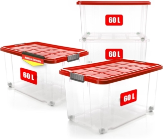 BigDean 4 Stück 60 L Aufbewahrungsbox mit Deckel groß rot - stapelbare robuste Box rollbare Stapelbox mit festen Klickverschlüssen - Made in Germany
