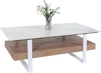 Couchtisch HWC-L88, Wohnzimmertisch Tisch, Ablage Eisen 43x120x60cm Sinterstein Marmor-Optik weiß Holz natur