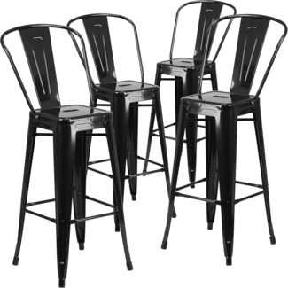 Flash Furniture Barhocker mit Rückenlehne aus Metall, 76,2 cm hoch, 4 Stück, Kunststoff, verzinkter Stahl, Schwarz, 4er-Set