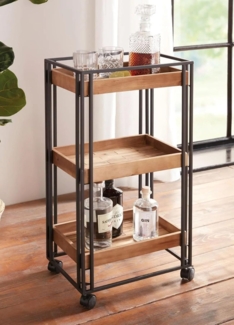 Servierwagen mit Rollen, 3 Böden aus Akazien-Holz & Metall Gestell, schwarz, Küchenwagen im Industrial Style, Küchenrollwagen, Rollwagen