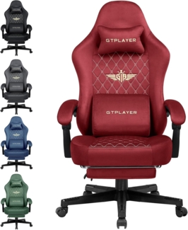 GTPLAYER Gaming Stuhl Stoff Gaming Chair Ergonomisch Bürostuh PC Stuhl, 150kg Belastbarkeit, Verstellbarer und Drehbarer Schreibtischstuh mit Federsitzkissen und Fußstütze, Rot