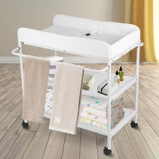 Klappbarer Wickelkommode mit Aufbewahrungskorb - Für das Neugeborene Kleidung und Windeln Wechseln - Tragbarer Wickeltisch mit 4 Räder, Höhenverstellbar, 25 kg Max (84 * 72 * 90cm, Weiß)