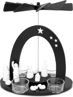 BRUBAKER Weihnachtspyramide Teelicht Holzpyramide Maria, Josef und Jesus, Weihnachtsdeko, Schwarz-weiße Teelichtpyramide mit 4 Teelichthaltern aus Glas