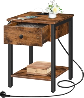 HOOBRO Nachttisch mit Ladestation und USB-Anschlüssen, Beistelltisch mit Schublade und Ablage, Nachtschrank für kleine Räume und Schlafzimmer, Vintagebraun-Schwarz EBF40CBZ01