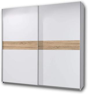 PULS Eleganter Kleiderschrank mit viel Stauraum - Vielseitiger Schwebetürenschrank in Weiß, Bauchbinde Sonoma Eiche - 215 x 210 x 58 cm (B/H/T)