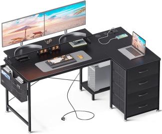 ODK L-förmiger Schreibtisch, Eckschreibtisch Groß mit USB-Ladeanschluss&Steckdose, Eckschreibtisch mit 4 Schubladen&Monitorablage, Computertisch L Form für Homeoffice (Schwarz, 140x80x84. 7cm)