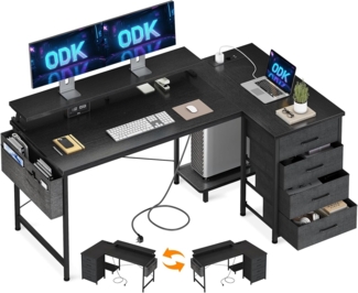 ODK L-förmiger Schreibtisch, Eckschreibtisch Groß mit USB-Ladeanschluss&Steckdose, Eckschreibtisch mit 4 Schubladen&Monitorablage, Computertisch L Form für Homeoffice (Schwarz, 140 x 80 x 84. 7cm)