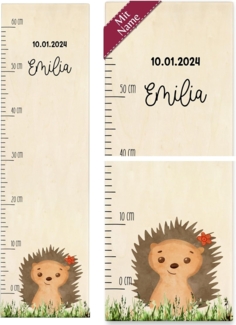 Messlatte Kinder - Igel mit Name und Datum Igelmotiv Kindermesslatte Babymesslatte Jungen Mädchen - 0-60 cm - Holz