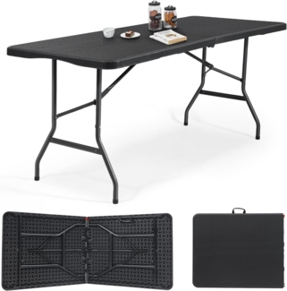 Sekey Buffettisch Klappbar Kunststoff | 180 x 74 x 74 cm Rattan Optik Gartentisch mit Tragegriff | Klapptisch Partytisch für Garten Terrasse und Balkon | Campingtisch 6 Personen (Schwarz)