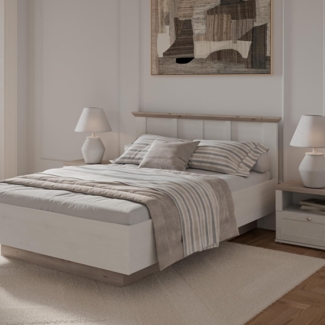 Forte ILOPPA Bett 153, Bett mit angehobenem Lattenrost und Kopfteil, Holzwerkstoff, Weiß/Eiche Dekor, 153 cm breit, 95,2 cm hoch, 206,4 cm tief