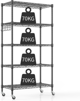 Himimi 5-Draht-Regal mit Rollen, Metall-Aufbewahrungsregal, höhenverstellbar, stehendes Aufbewahrungsregal für Waschküche, Badezimmer, Küche, Speisekammer, Schrank, 76 x 35 x 158 cm, Schwarz