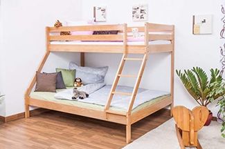 Etagenbett/Spielbett Lukas Buche massiv Natur mit schräger Leiter, inkl Rollrost