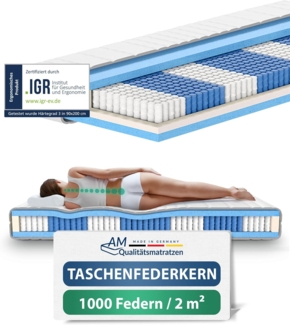 AM Qualitätsmatratzen 1000 Federn 7-Zonen Taschenfederkernmatratze 160x220 cm - 24 cm Premiumhöhe - 1.000 Federn Matratze 160x220 cm - H2